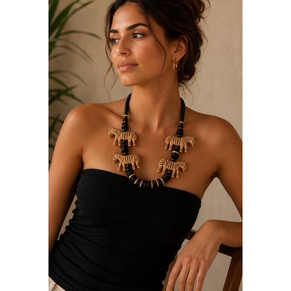 Vintage Zebra Statement Necklace Safari Luxe Wood Bead Collar Kenya 29”